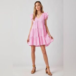 Baby Pink V Neck Pink Ruffled Tiered Dress